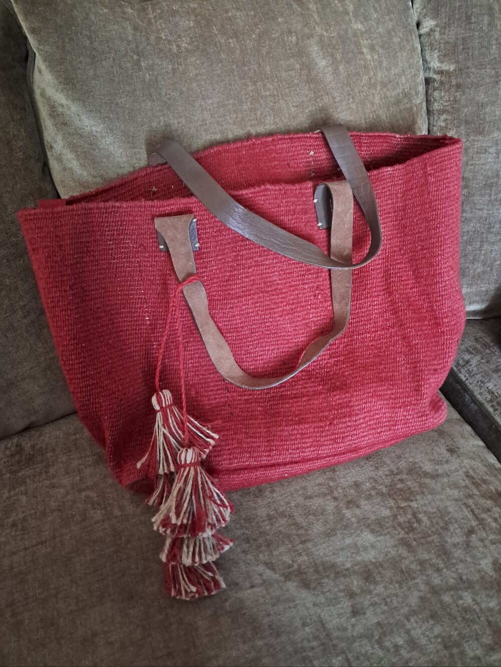 J JILL JUTE TOTE WITH LEATHER HANDLES